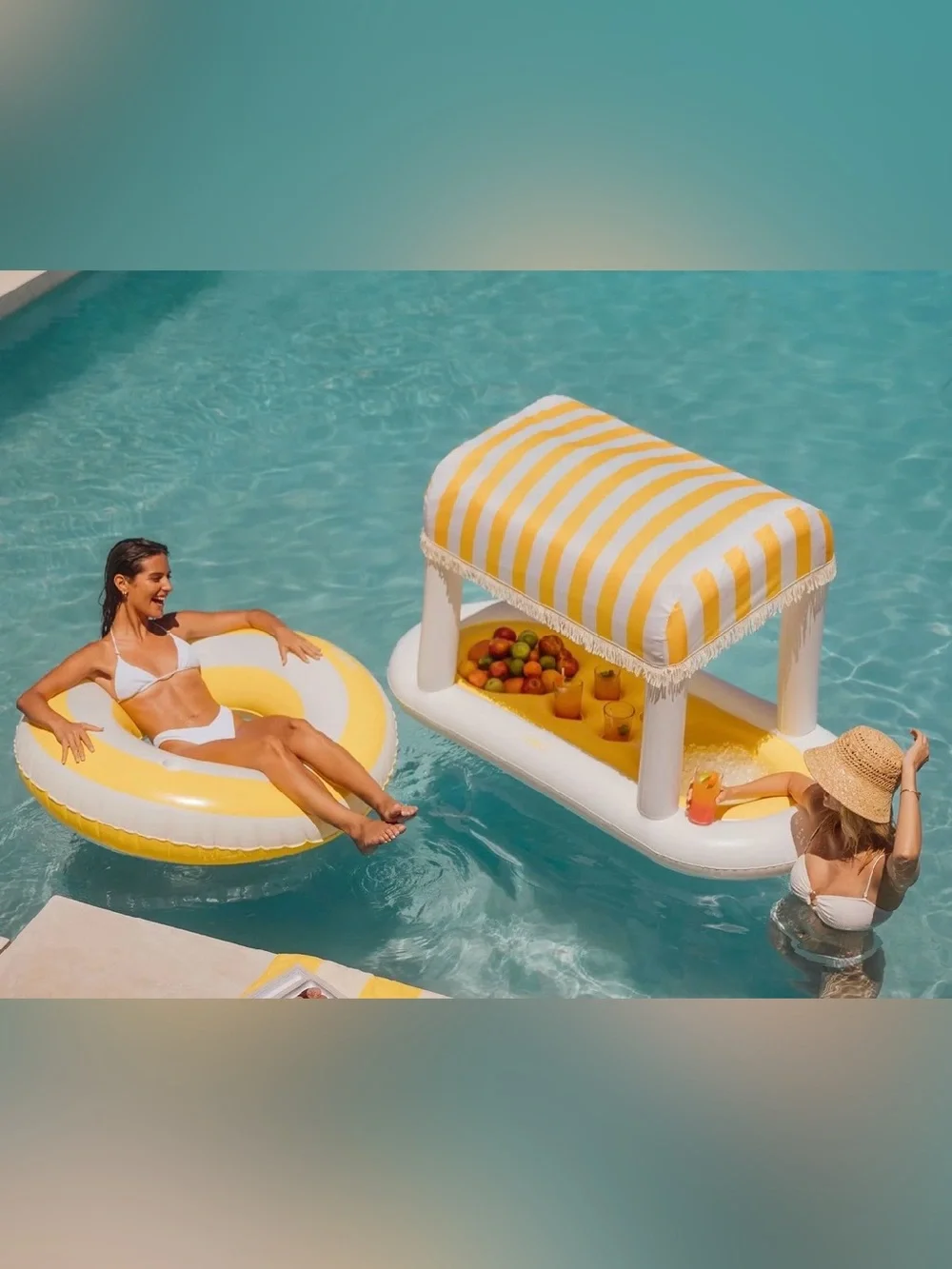 Inflatable Floating Cabana Bar - Yellow Striped Canopy